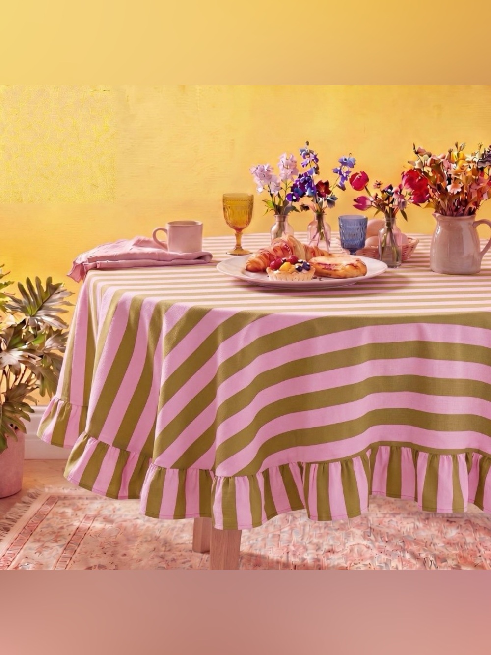 FARMHOUSE STRIPE RUFFLE Tablecloth Cotton Linen Blend PINK OLIVE GREEN 60” Round